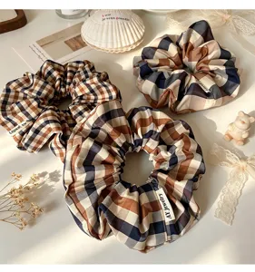 Vintage British style plaid hair scrunchy, elegant fabric hair accessory for women