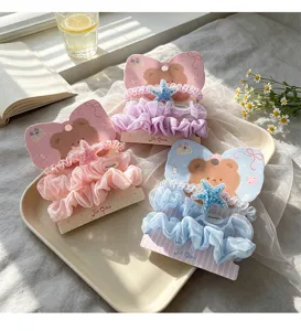Korean style cute lace mesh scrunchie set with sweet star charm and bear card display.