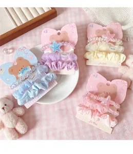 Korean cute lace mesh hair scrunchies 3-piece set with shiny starfish hair ties for sweet girls.