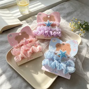 Korean cute lace mesh hair scrunchies 3-piece set with bear cards and cute starfish decor.