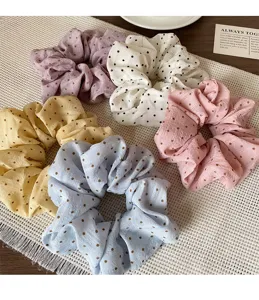 Pastel polka dot fluffy hair scrunchies set, cute cloud hair ties for women and girls.