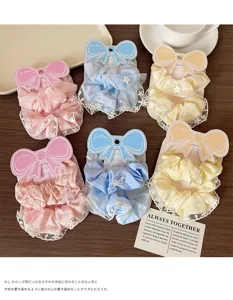 Sweet bow lace hair scrunchies set 2 pieces macaron color hair accessories for cute girls.