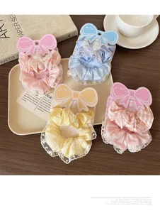 Sweet bow lace hair scrunchies 2-piece set, macaron color fluffy cute hair accessories.