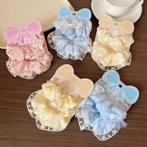 Sweet bow lace hair scrunchies set, pastel macaron colors cute hair accessories for women.