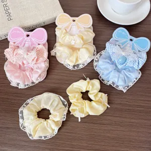 Sweet bow lace hair scrunchies set in macaron colors, cute Korean style hair accessories.