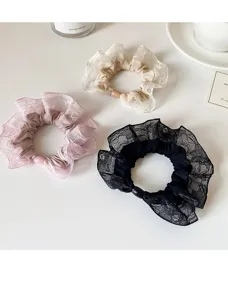 Korean lace ruffle hair scrunchies set, sweet elegant floral hair ties for daily styling.