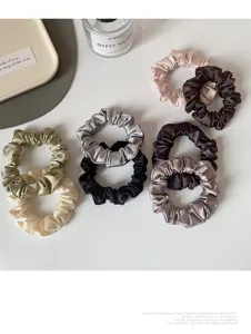Satin hair scrunchies set, soft silk hair ties for women daily styling and ponytail holder detail view.
