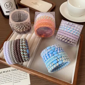 Colorful woven hair ties set with clear boxes, stylish elastic hair ropes for women and girls.