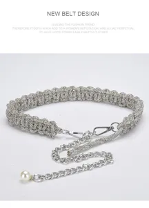 Korean style rhinestone braided waist chain with pearl pendant, shiny decorative belt for dress.