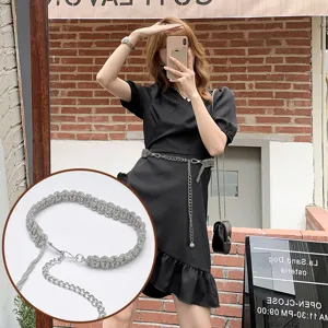 Women Elegant Rhinestone Woven Waist Chain Elegant Metal Thin Belt With Artificial Pearl Pendant For Dress Shirt Korean Style Decorative Belt