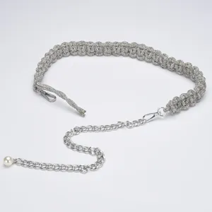Korean style rhinestone woven waist chain silver crystal belt with pearl pendant dress