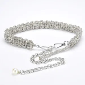 Korean style rhinestone woven waist chain sparkling silver dress accessory with pearl pendant