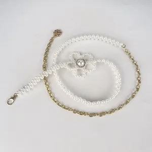 Chaîne de taille perle et fleur française pour femmes, ceinture dorée robes et chemisiers.