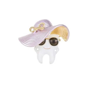 Cute creative tooth enamel brooch with purple sun hat and sunglasses for stylish women clothing.