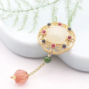 New Chinese retro vintage brooch pendant, elegant gold-plated geometric design with jade stone.