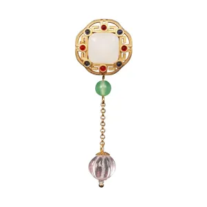 Chinese retro style gold brooch pendant with white jade red blue stones and crystal dangle.