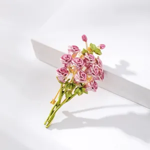 Exquisite pink rose bouquet brooch, elegant enamel flower lapel pin for women blazer dress.