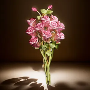 Detailed enamel pink rose bouquet brooch, fine craftsmanship, elegant metal stem and leaf pin.