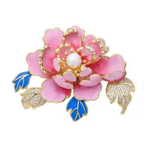 Exquisita broche de flor de peonía esmaltada con perla y cristales para mujeres.