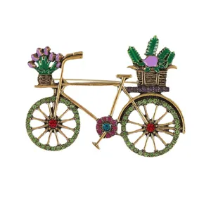 Vintage bicycle brooch pin with colorful rhinestones and enamel flowers for women fashion.