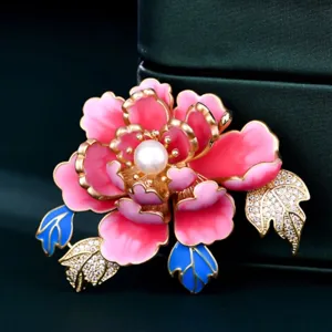 Elegante Broche de Peonía para Mujer Corsage de Esmalte Pintado a Mano con Perla Artificial y Diamantes de Imitación Joyería
