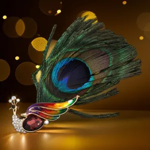 Détail de la broche cristal plume de paon avec strass scintillants et magnifique design naturel.