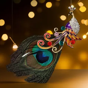 Élégant Tendance Broche en Alliage Strass Plume de Paon Luxe Cristal Épingle Corsage Accessoires Pour Costume Manteau Unisexe Bijoux Cadeau