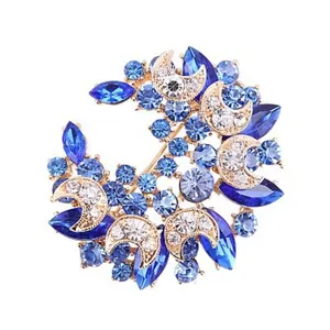 Exquisite blaue Kristall Strass Brosche, mondförmiges Blumen-Design, elegantes Mode-Accessoire.