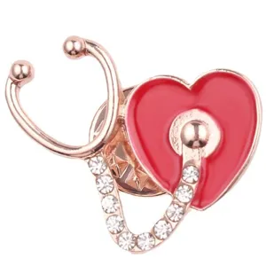 Rose gold stethoscope heart brooch, medical themed crystal alloy pin for doctors and nurses.
