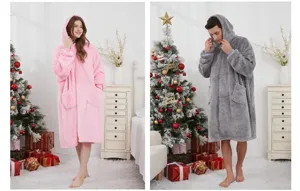 Gemütliche kuschelige Oversize Kapuzendecke für Paare mit Taschen flauschiger Hausmantel Winter