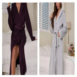 Cozy flannel hooded bathrobe for couples, thick long sleepwear detail view showing soft fabric.