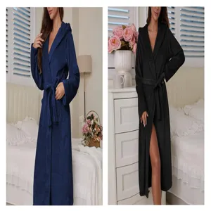 Comfortable flannel hooded couple bathrobe long thick winter sleepwear soft loungewear.