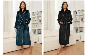 Long flannel fleece bathrobe for women and men, cozy plush couple sleeprobe with belt and pockets.
