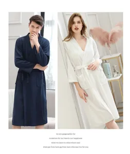 Classic waffle weave couple bathrobes in navy and white for comfortable daily wear and spa relax.