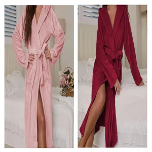 Plush flannelette couple bathrobe, thick long hooded sleepwear with belt for cozy winter.