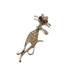 Broche de chat en bronze antique avec strass bruns pour costume et décoration de manteau.