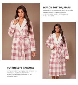 Women fluffy fleece plaid bathrobe long winter warm sleepwear cozy housecoat with belt