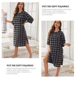 Comfortable long sleeve plaid nightshirt for women, soft flannel sleepwear, cozy home dress.