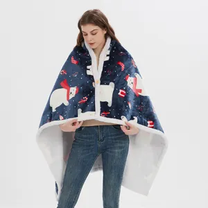 Cozy wearable flannel blanket shawl detail, winter polar bear pattern comfy wrap