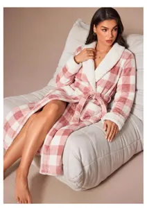 Cozy pink and white plaid flannel bathrobe with warm sherpa lining for cozy winter nights.
