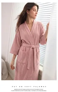 Γυναικεία Ριγέ Μπουρνούζι Chenille V-Neck Μακρυμάνικα Άνετα Ρούχα Ύπνου με Ζώνη Ροζ