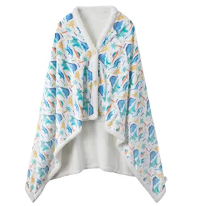 Comoda coperta indossabile con cappuccio, stampa di dinosauri e bottoni per serate rilassanti a casa.