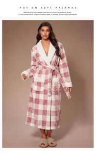Women winter long flannel plaid bathrobe with cozy sherpa lapel and belt warm sleepwear.