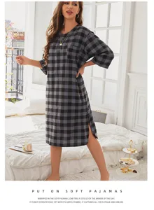 Women Long Sleeve Plaid Nightgown Casual Loose Sleep Dress Fall Winter Comfortable Loungewear