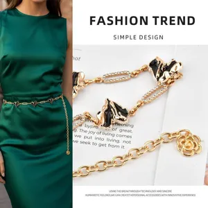 Women's Sweet Cool Metal Heart Waist Chain Zinc Alloy Enamel Link Belt With Rhinestone Flower Pendant For Dress Shirt