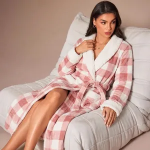 Women's Thickened Flannel Bathrobe Long Sleepwear With Lambswool Lapel Classic Plaid Warm Fleece Robe Winter Loungewear
