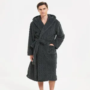 Men's dark grey hooded plush bathrobe comfortable fleece wearable blanket for home leisure