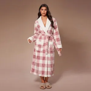 Women's pink plaid fleece bathrobe with cozy sherpa trim winter sleepwear long robe