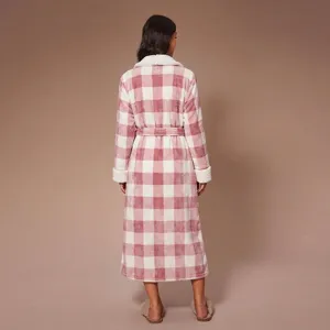 Women Long Flannel Plaid Bathrobe Sherpa Fleece Thickened Warm Winter Sleepwear Main View