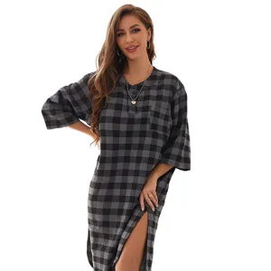 Women casual grey plaid nightgown long sleeve lounge dress with front slit and pocket for autumn.